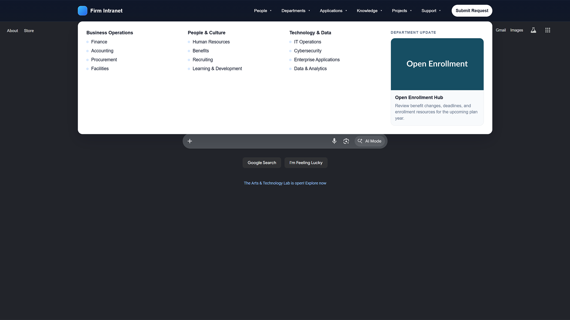 Cloud Patcher runtime example showing a firm intranet mega menu injected into a target browser page.
