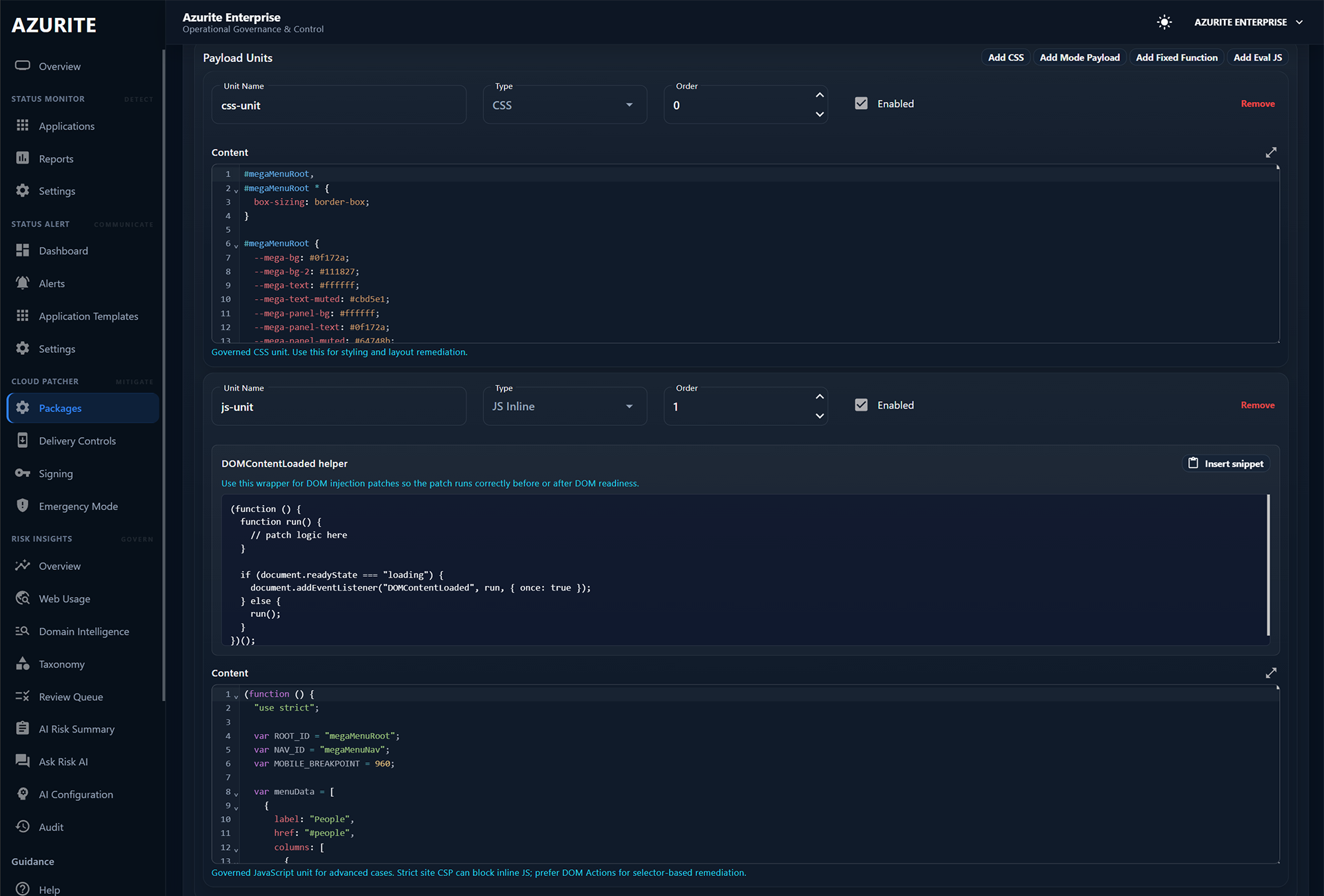 Cloud Patcher edit package screenshot showing governed JavaScript and CSS payload units.