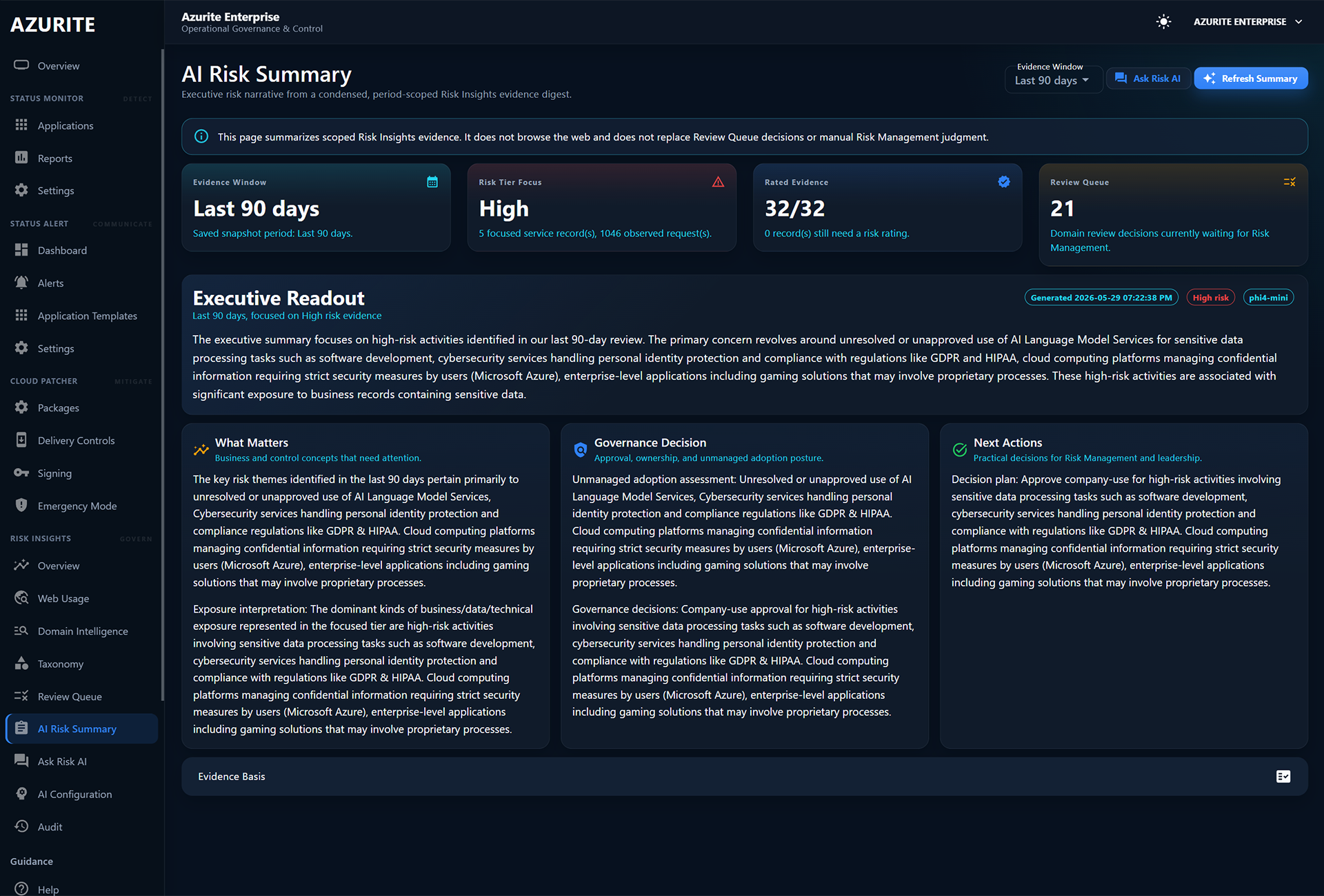 Risk Insights AI summary view showing executive risk evidence.