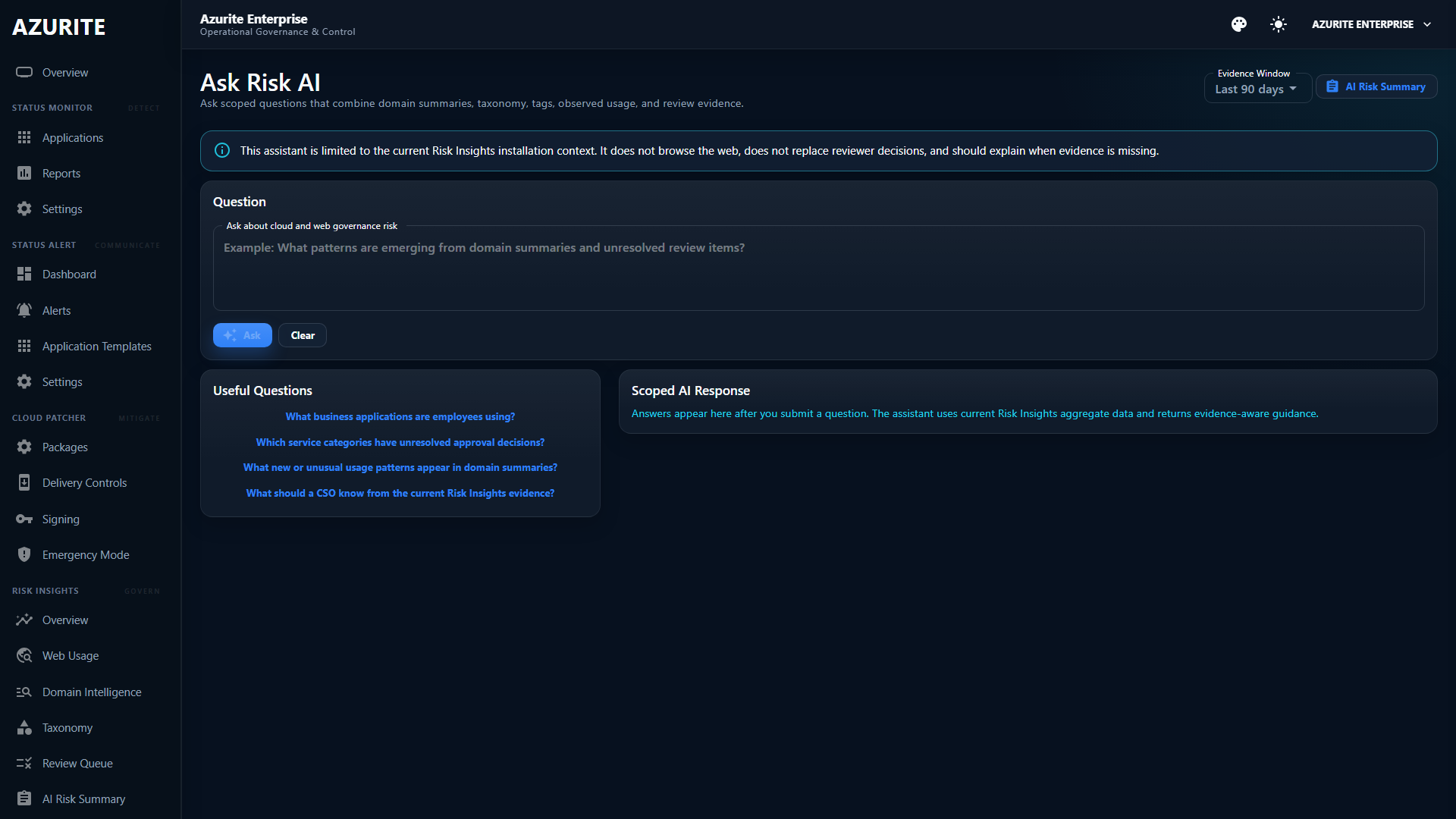 Risk Insights Ask Risk AI screenshot showing scoped questions and evidence-aware response area.