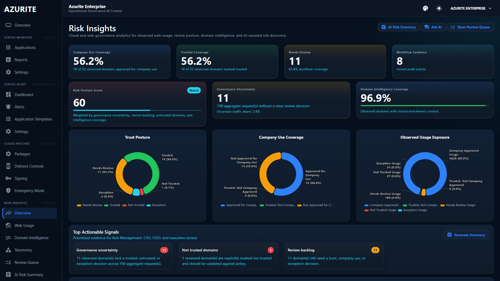 Risk Insights overview dashboard showing governance analytics and review posture.