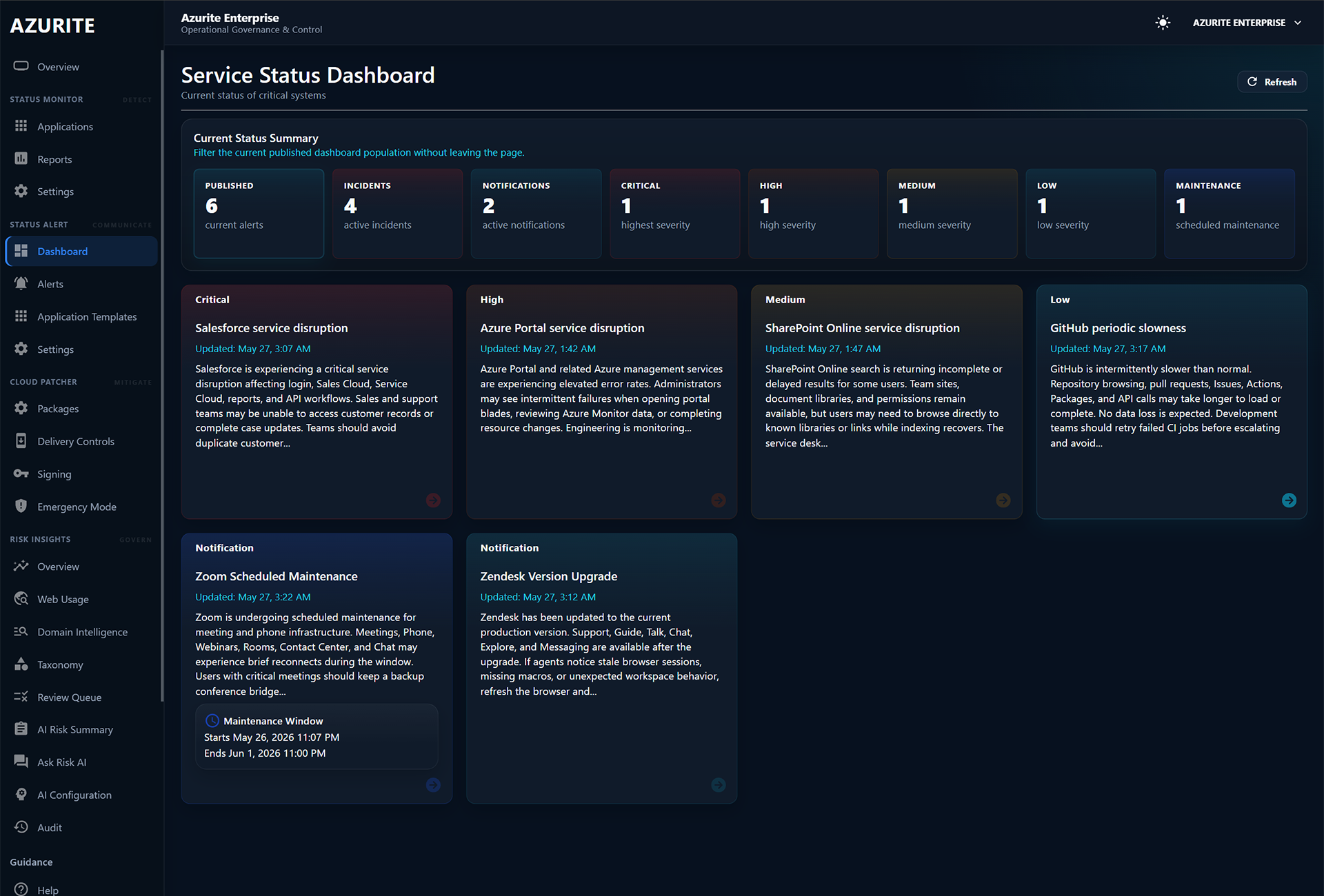Status Alert dashboard showing incident communication status and severity summaries.